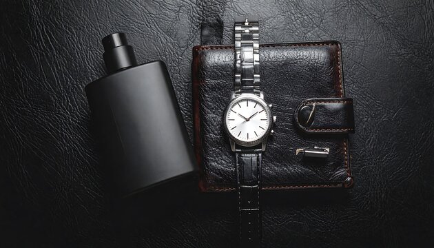Matte black perfume bottle silver wristwatch and leather wallet flat lay on textured dark surface