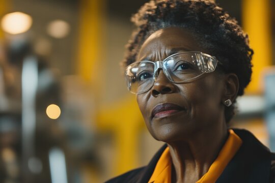 Elderly Black female machine operator leads and mentors trainees in manufacturing setting
