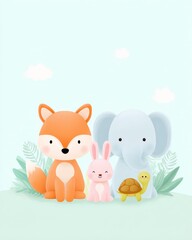 Obraz premium Cute pastel cartoon baby animals fox rabbit elephant turtle in a playful scene digital illustration whimsical environment