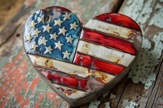 Rustic heart shaped american flag resting on a weathered wooden surface, symbolizing patriotism and love for country - Powered by Adobe