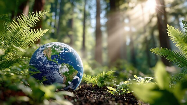 Earth globe surrounded by lush green ferns in a sunny forest setting, symbolizing nature conservation, environmental sustainability, and global ecological awareness