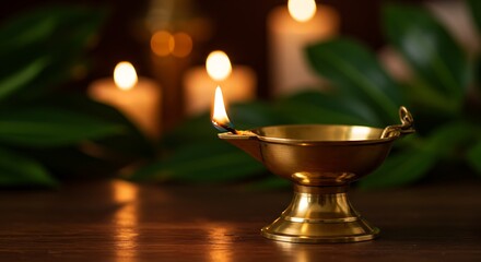 A beautifully arranged scene showing a golden diya with two wicks, casting a warm glow amidst dark leaves and soft light.