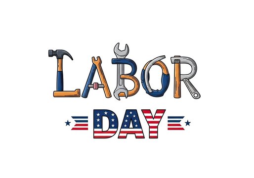 Photo of labor day text design with tools and american flag isolated on white background, celebrating workers and their contributions to the nation