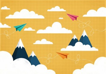 Colorful paper airplanes flying through clouds and over mountains, symbolizing travel, adventure, and dreams