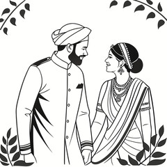 Traditional Indian Wedding Couple in Elegant Attire A Heartwarming Depiction of Love and Cultural Heritage Black and White Art