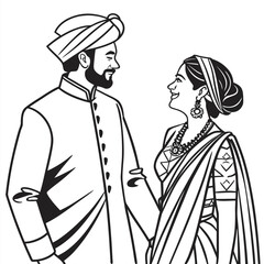 Traditional Indian Wedding Couple in Elegant Attire A Heartwarming Depiction of Love and Cultural Heritage Black and White Art
