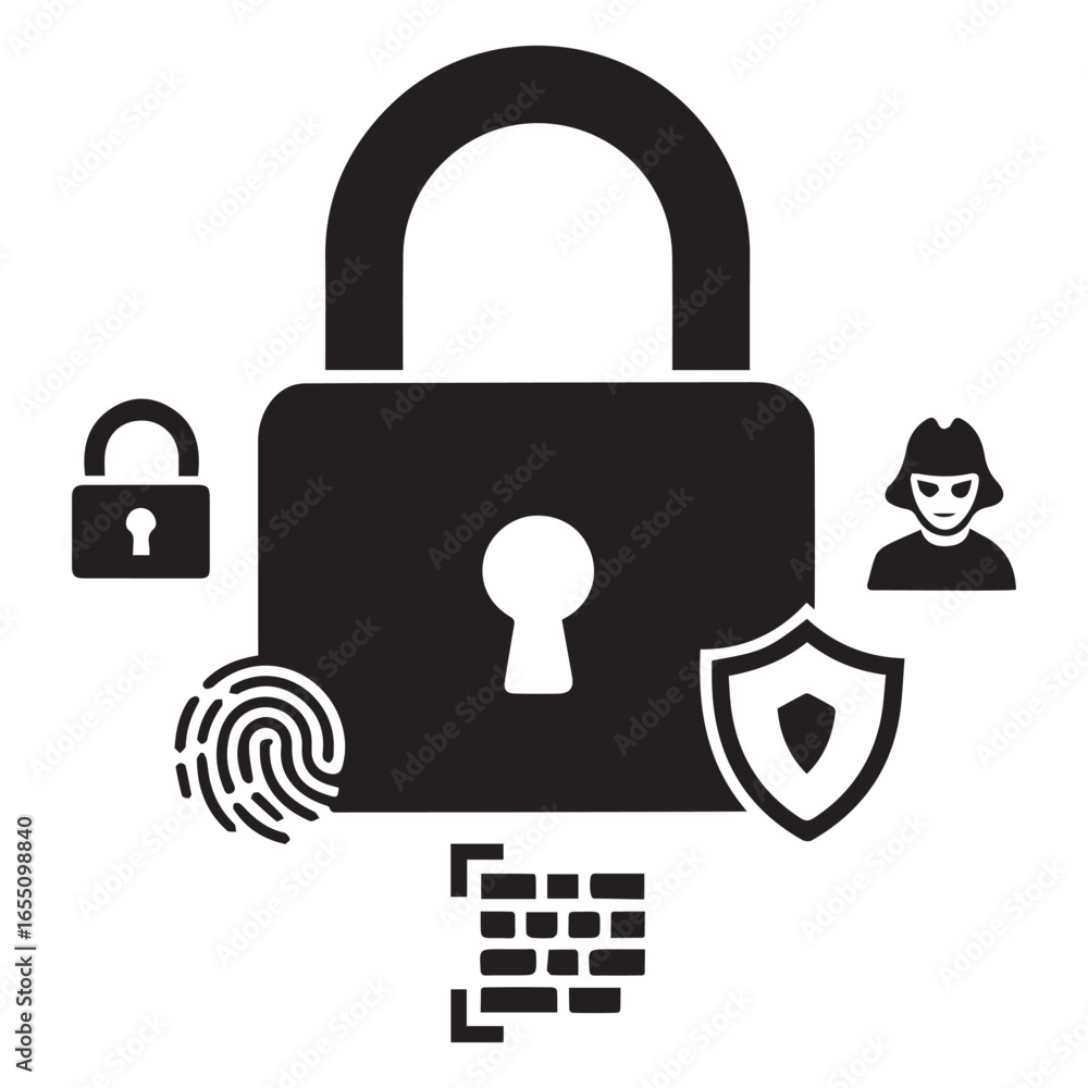 Poster secure digital protection concept with lock fingerprint shield hacker and firewall security