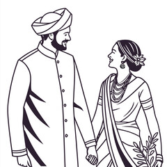 Traditional Indian Wedding Couple in Elegant Attire A Heartwarming Depiction of Love and Cultural Heritage Black and White Art