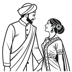 Traditional Indian Wedding Couple in Elegant Attire A Heartwarming Depiction of Love and Cultural Heritage Black and White Art