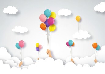 A cluster of colorful balloons held by hands, floating up into a sky filled with fluffy white clouds, symbolizing joy and freedom