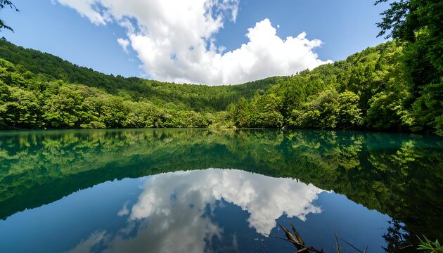 Serene lake reflecting a vibrant sky and lush mountainside scenery.