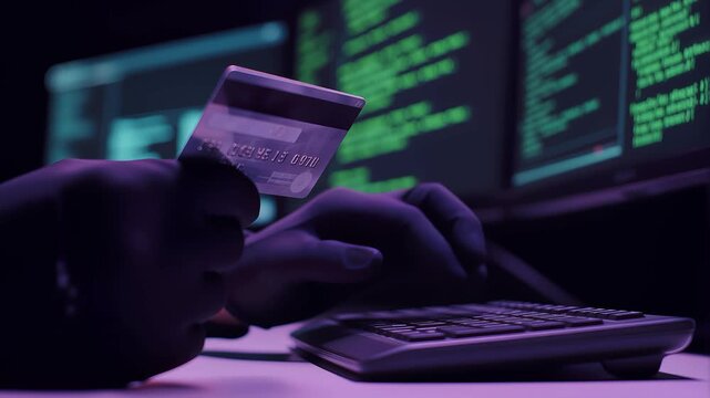 An anonymous hacker wearing black gloves holds a credit card while typing on a keyboard, stealing financial data in a dark room with computer screens displaying lines of malicious code