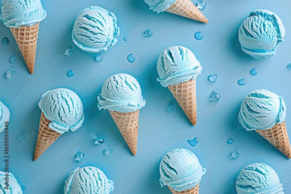 Poster multiple light blue ice cream scoops and cones arranged on a matching pastel background, creating a 