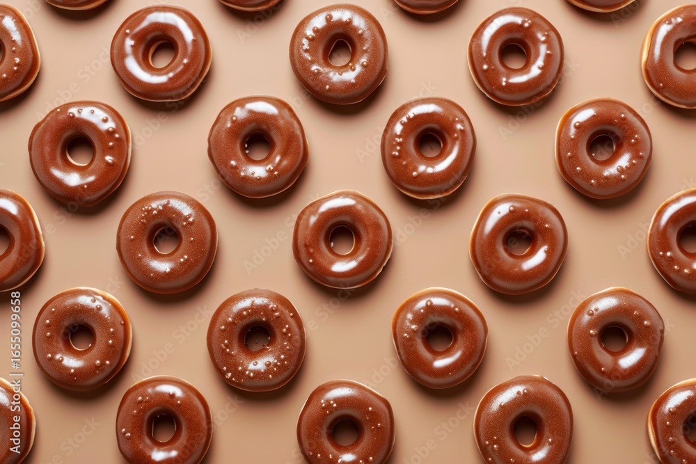Poster delicious chocolate donuts arranged in a precise pattern, creating a visually appealing and tempting