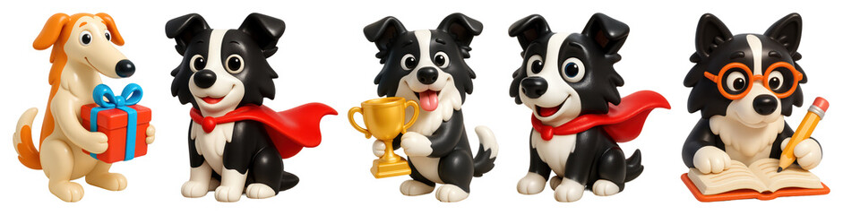 Obraz premium PNG Adorable cartoon dogs celebrating achievements, element set on transparent background