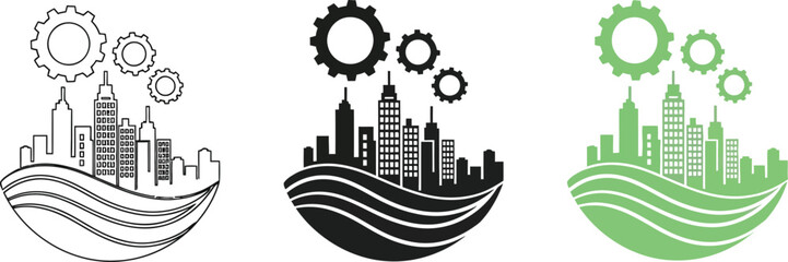 Modern city skyline with gears symbolizing industry and progress
