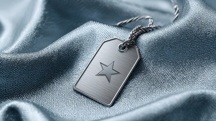 Metal Tag with a Star Design on Satin Fabric in Soft Blue Color, Ideal for Branding and Product Labeling