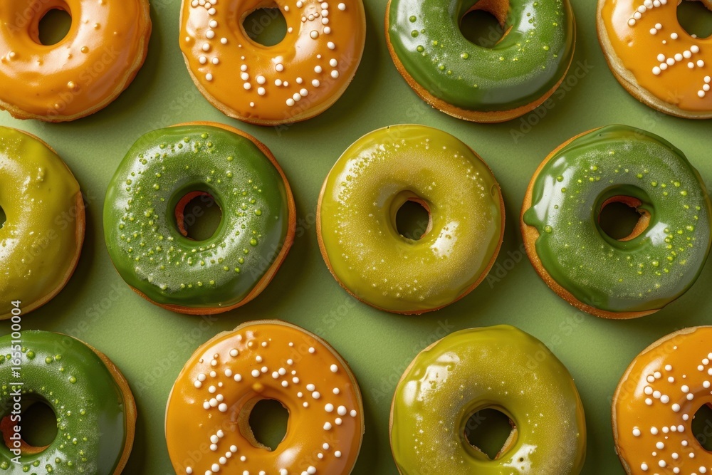 Poster flat lay of colorful donuts covered with green and orange icing, creating a visually appealing arran