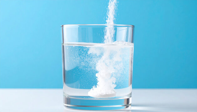 White medical powder dissolving in glass of clear water. Cold, flu and pain relief. Vitamin C.