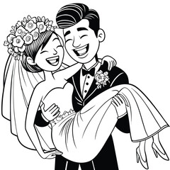 Joyful Wedding Celebration A Groom Carries His Bride in Happiness and Love Black and White Line Art
