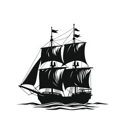 Sailing Ship Silhouette Vector – Three-Masted Vessel with Unfurled Sails and Flags on Waves in Nautical Black and White Design