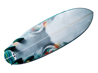 Colorful surfboard with fins isolated on a transparent background