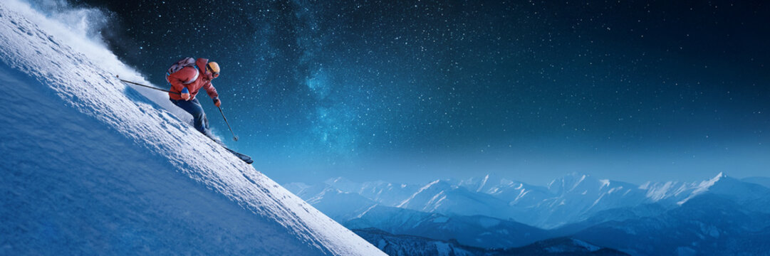 Night Skiing on Snowy Mountain Wide Banner