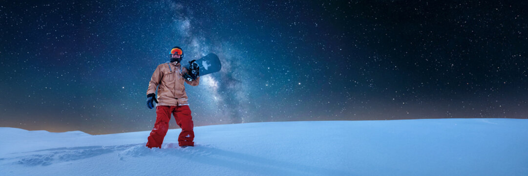Snowboarder in Night Sky Wide Banner