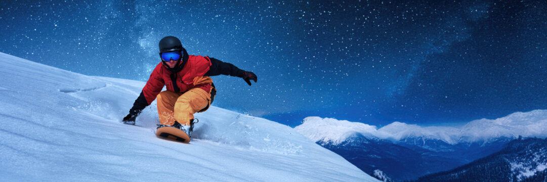 Snowboarder in Night Sky Wide Banner