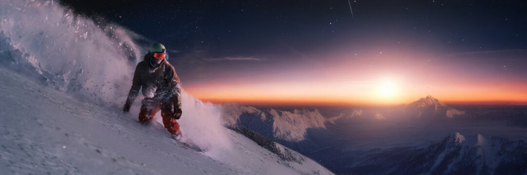 Snowboarder at Sunset Wide Banner