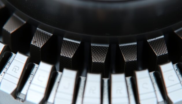 Abstract industrial close up of metallic turbine blades against a dark ceiling perspective - Powered by Adobe
