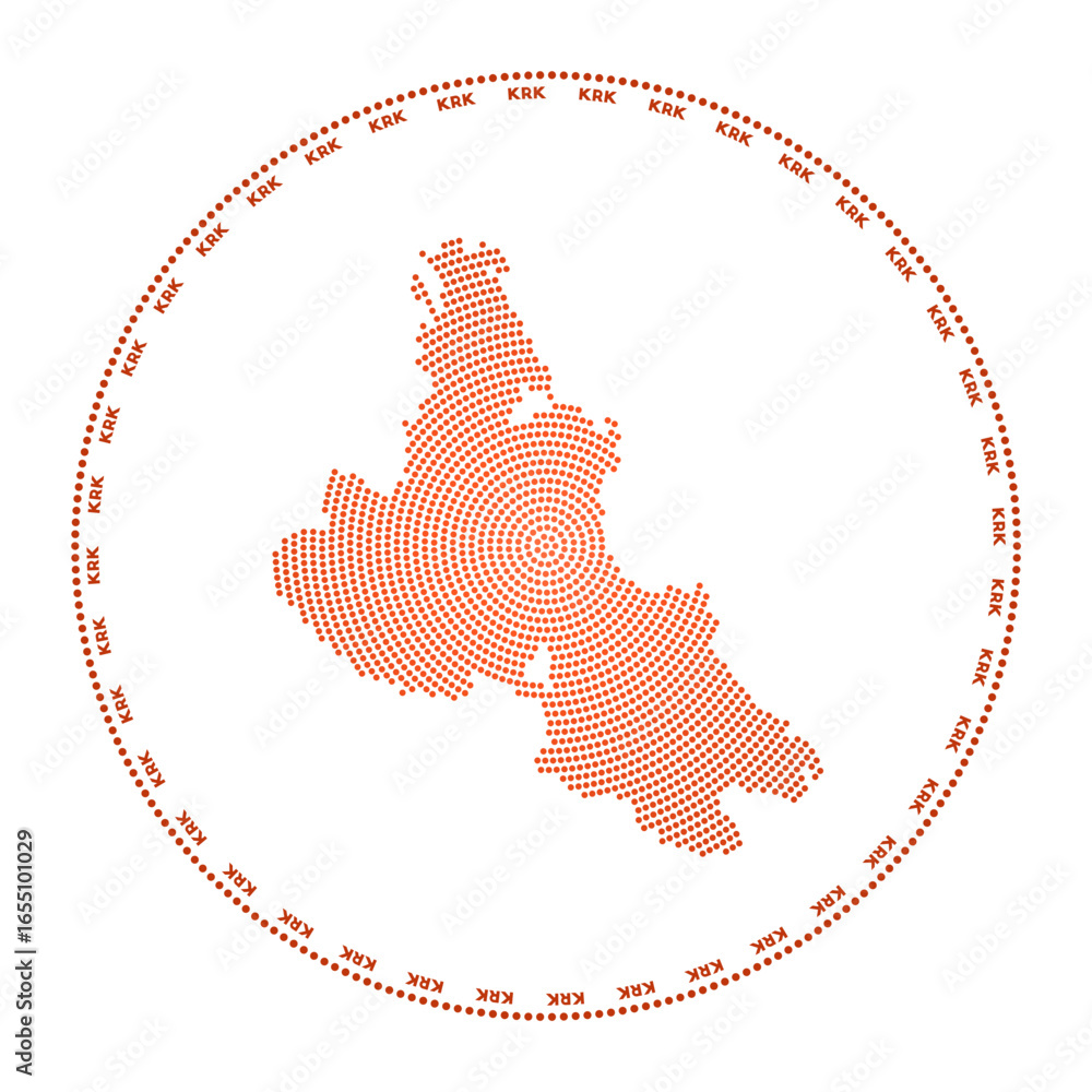 Poster krk round logo. digital style shape of krk in dotted circle with island name. tech icon of the islan