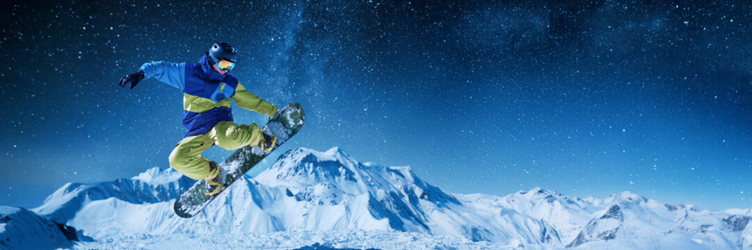 Snowboarder Jump in Starry Mountain Wide Banner