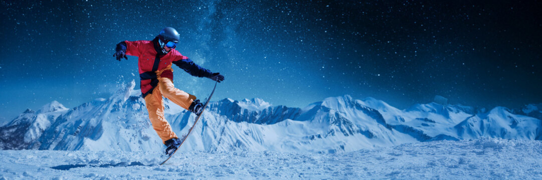 Snowboarder Performing Trick on Mountain Wide Banner