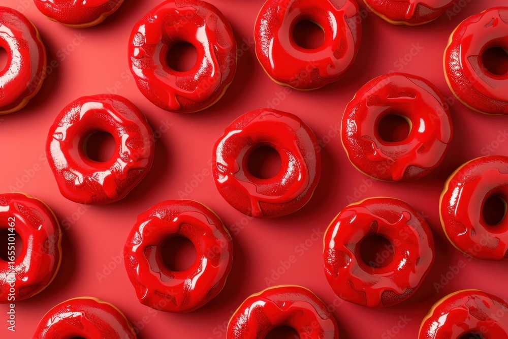 Poster delicious red glazed donuts creating a visually appealing repetitive pattern on a matching red backg
