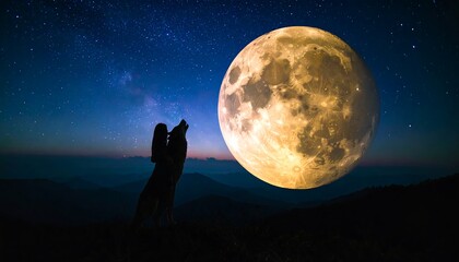A woman and a dog silhouetted against a vast night sky, gazing at a large, luminous moon, evokes a sense of wonder and solitude.