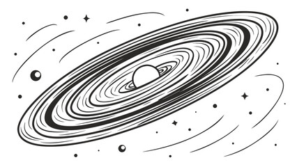 Illustration of a black hole with swirling rings and surrounding stars and cosmic dust in black and white created with generated ai