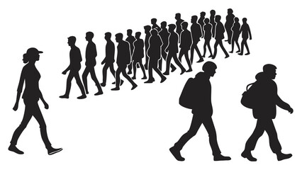 Fototapeta premium Silhouettes of people walking in different directions with backpacks and casual attire in black and white created with generated ai