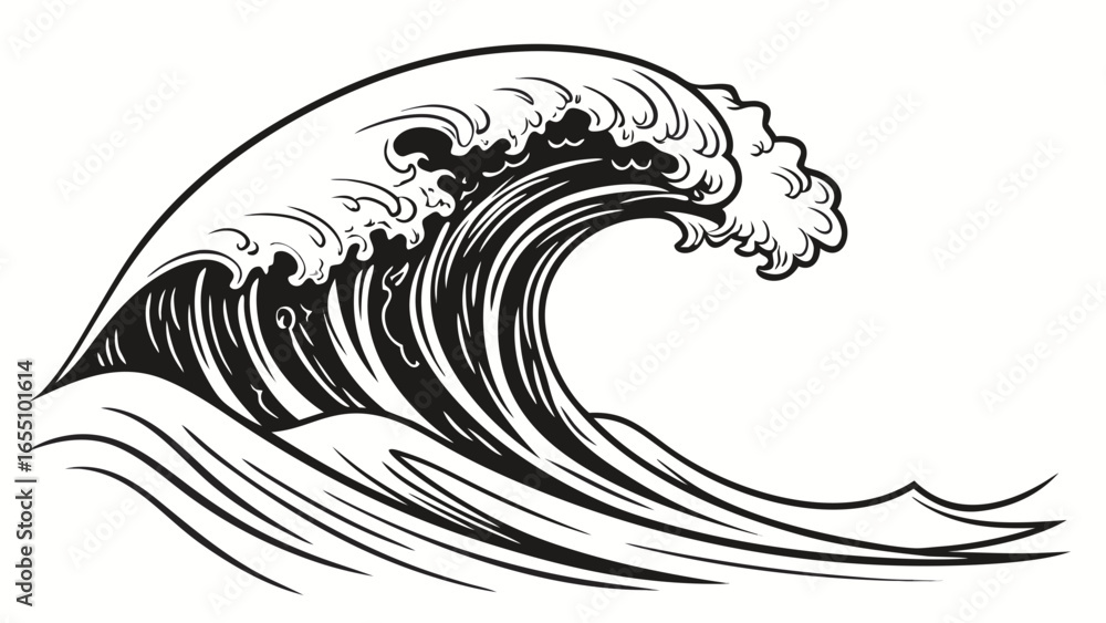 Poster illustration of a large ocean wave with stylized foam in black and white drawing style design create