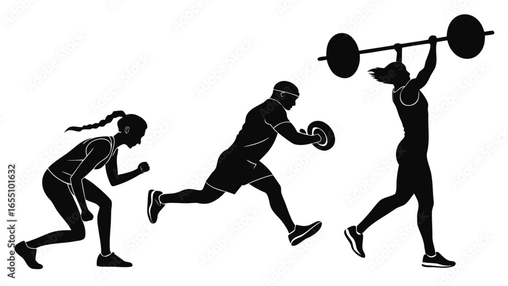 Poster silhouette of three people doing different exercises like running and lifting a barbell overhead cre