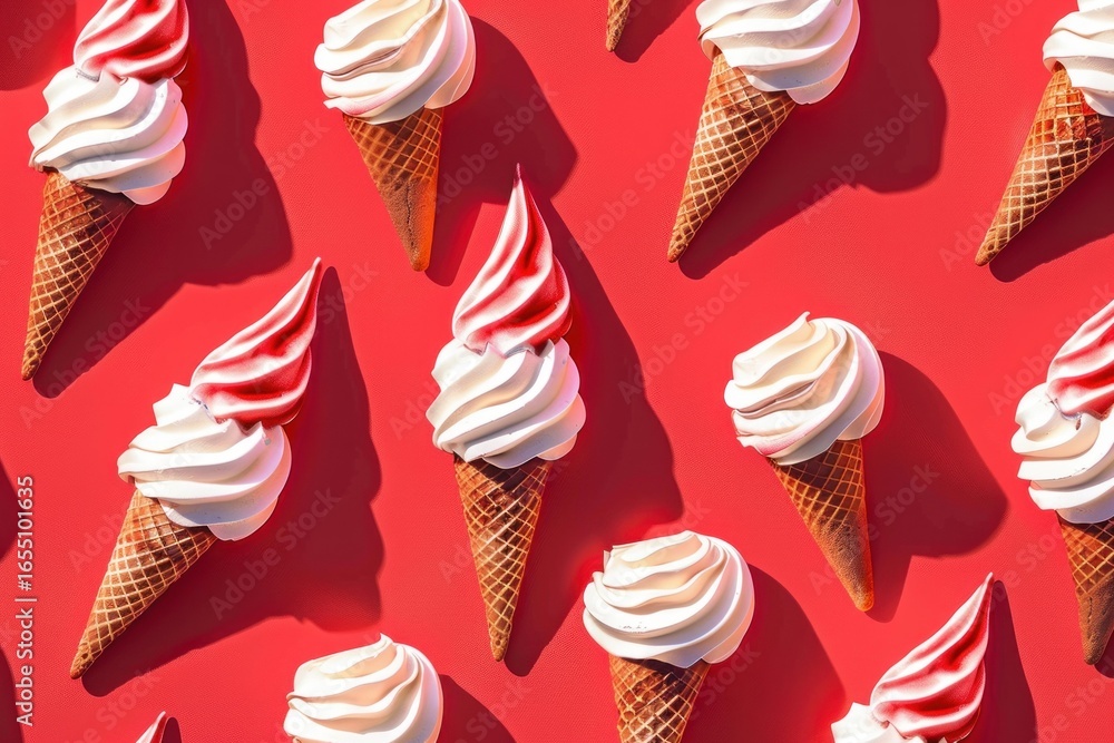 Aufkleber delicious strawberry and vanilla ice cream cones creating a repeating pattern on a vibrant red backg