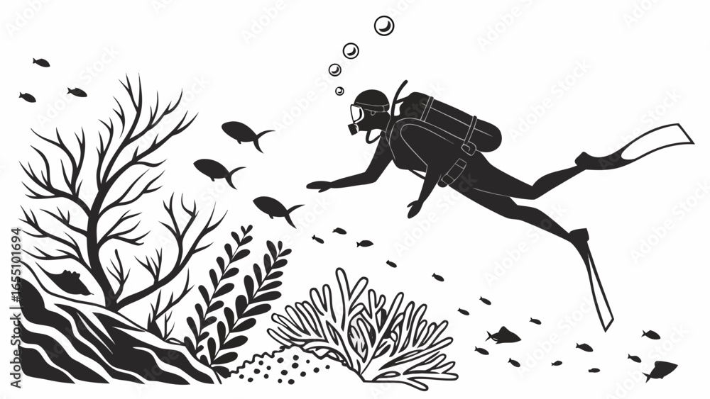 Poster silhouette of a scuba diver exploring a coral reef with various fish and bubbles in the ocean water 