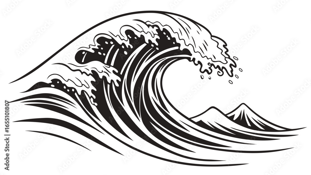 Poster illustration of a large ocean wave cresting with mountain peaks in the background in black and white