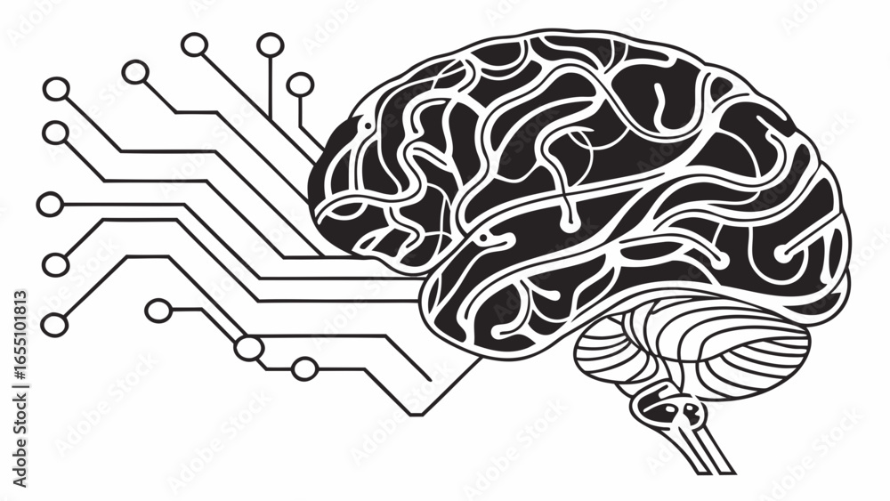 Poster stylized brain connected to circuit board illustration in black and white design for technology them
