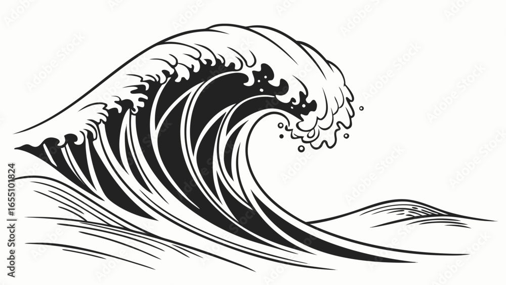 Poster illustration of a large black and white wave with a smaller wave in the background on a white backgr