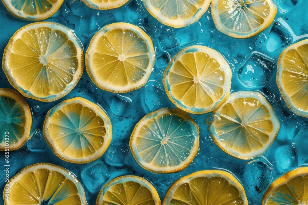 Poster slices of fresh lemon are floating in vibrant blue water with ice, creating a refreshing summer back