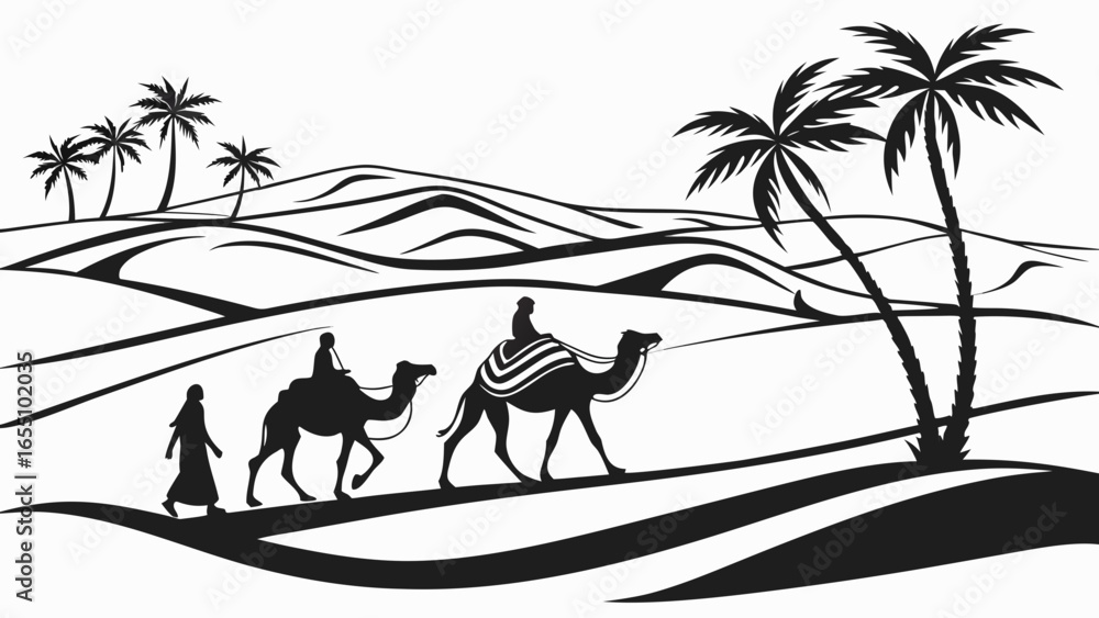 Poster silhouette of camels and people walking through a desert landscape with palm trees in the background