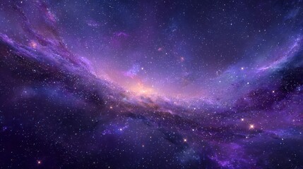 Majestic cosmic cloudscape with swirling purple and golden hues amidst distant stars
