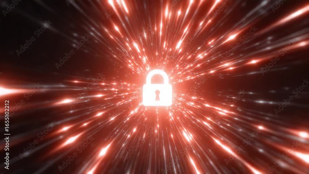 Poster cyber fortress: a digital lock stands resolute, its luminous form piercing through a dynamic tunnel 