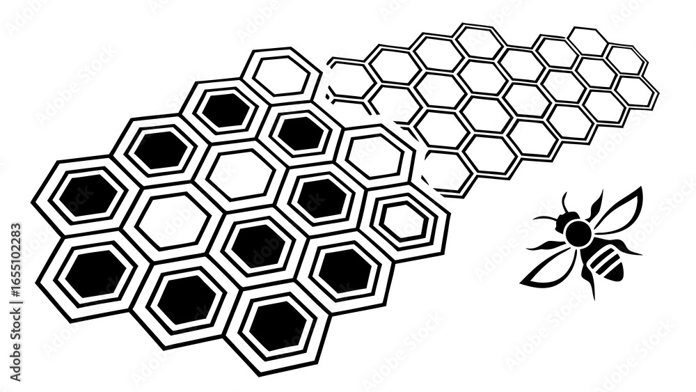 Poster illustration of a bee next to two honeycomb patterns with filled and outlined hexagons design that i